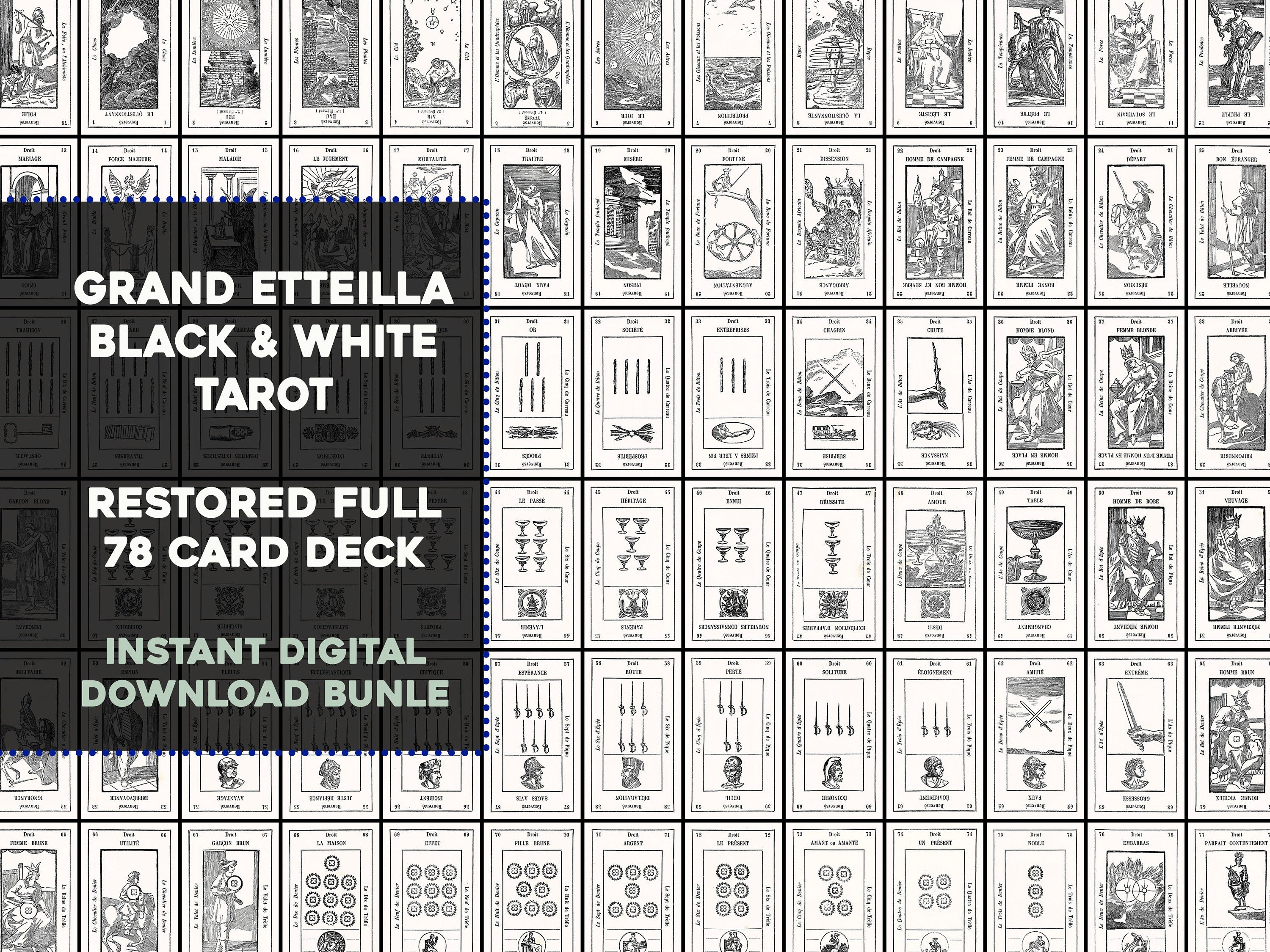 Grand Etteilla Tarot Deck Black & White | Tarot Card Images
