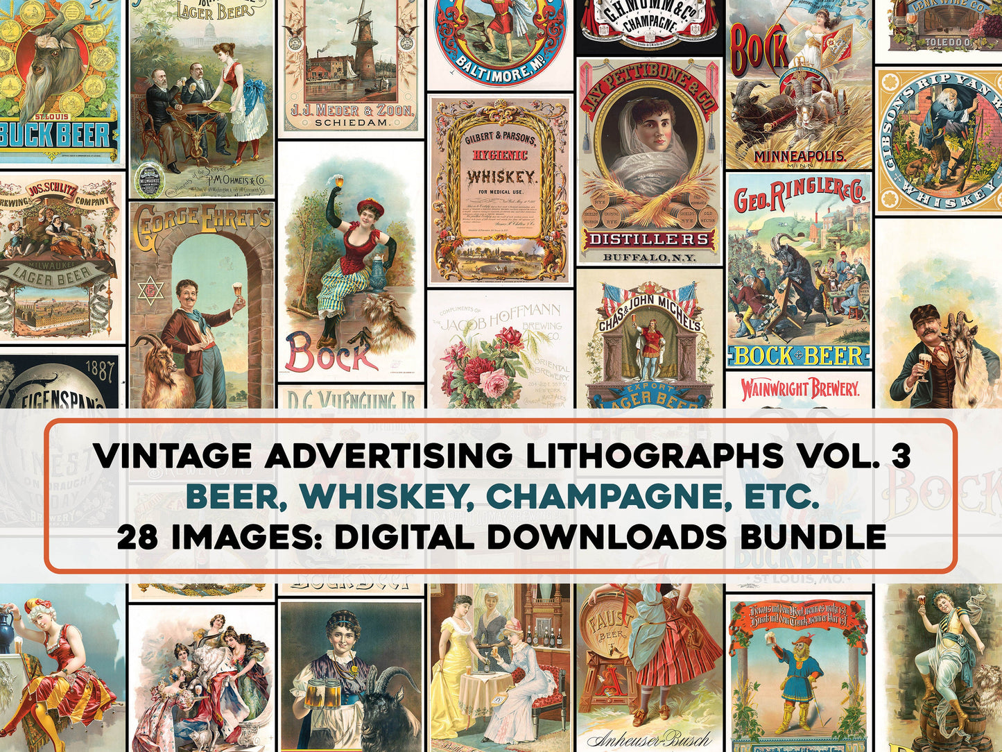 1800s Lithograph Print Advertisements Set 3 Beer Whiskey Champagne [28 Images]