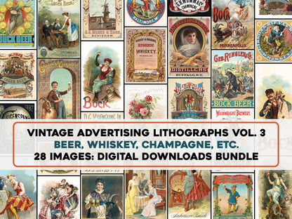 1800s Lithograph Print Advertisements Set 3 Beer Whiskey Champagne [28 Images]