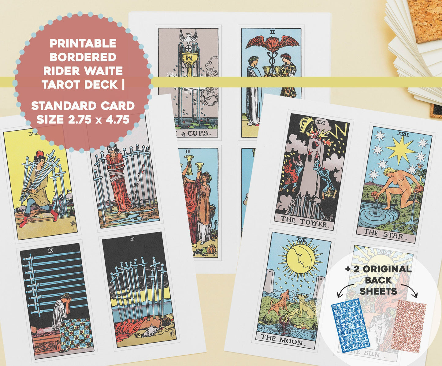 Rider Waite Smith Printable Tarot Card Deck and Backs Standard Size [22 Images]