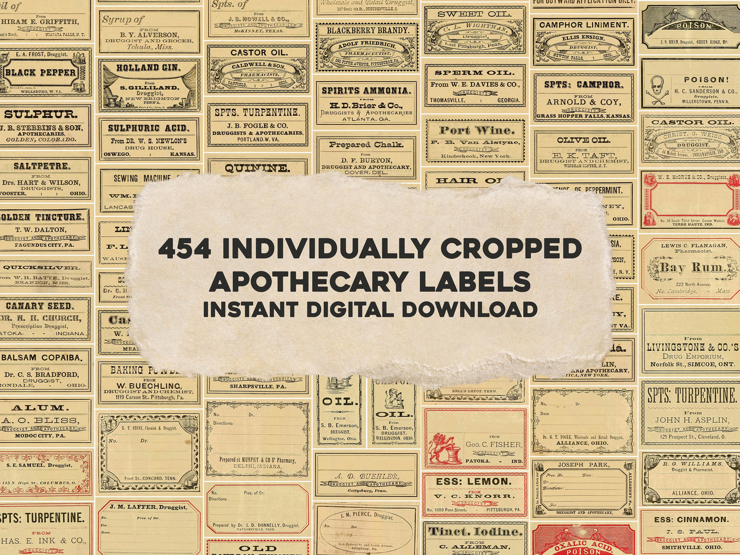 New Sample Book of Cut & Gummed Druggist Labels Individually Cropped Vintage Apothecary Druggist Pharmacy Labels [450+ Images]